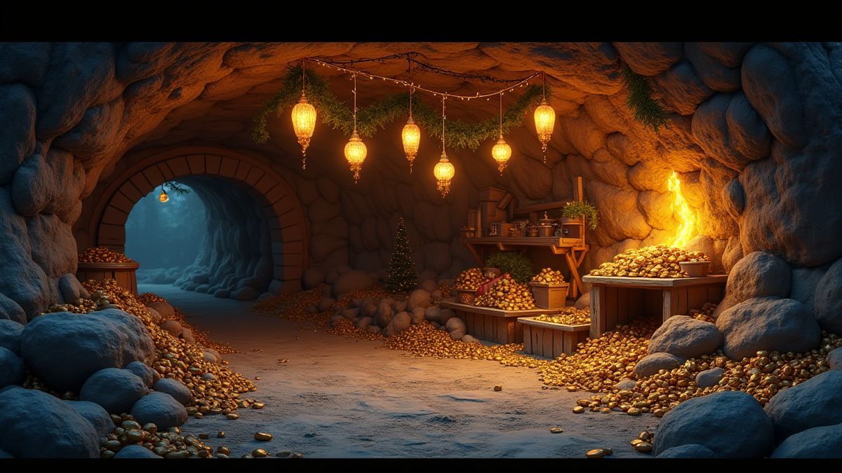 Mina subterránea decorada con luces navideñas y pilas de oro.