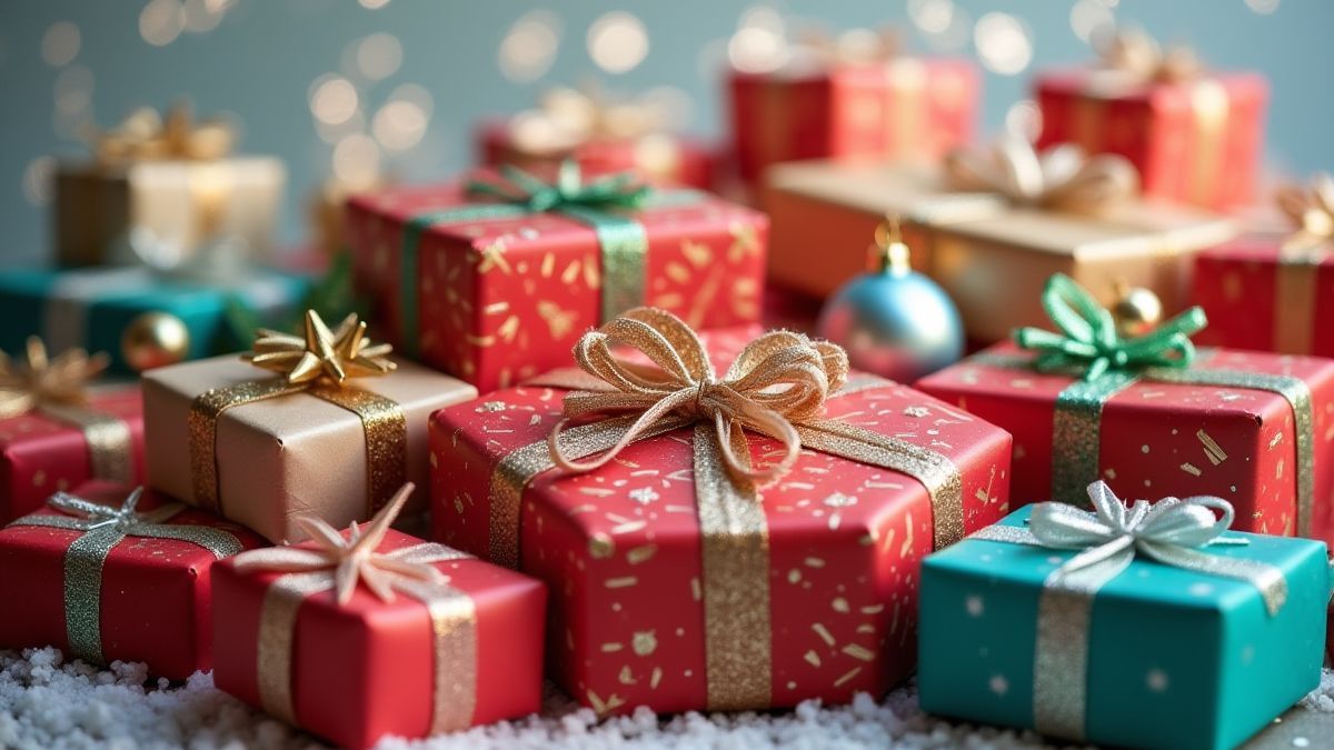 Presentes embrulhados em papel colorido com flocos de neve ao fundo.