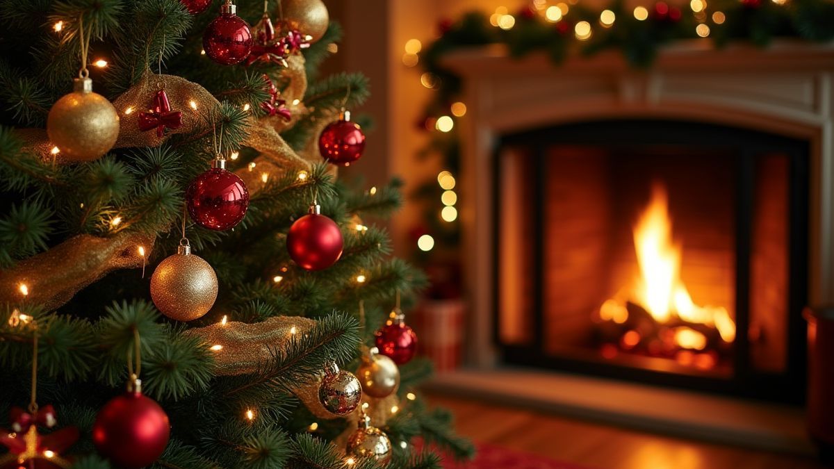 Árvore de Natal decorada com luzes e enfeites ao lado de uma lareira aconchegante.