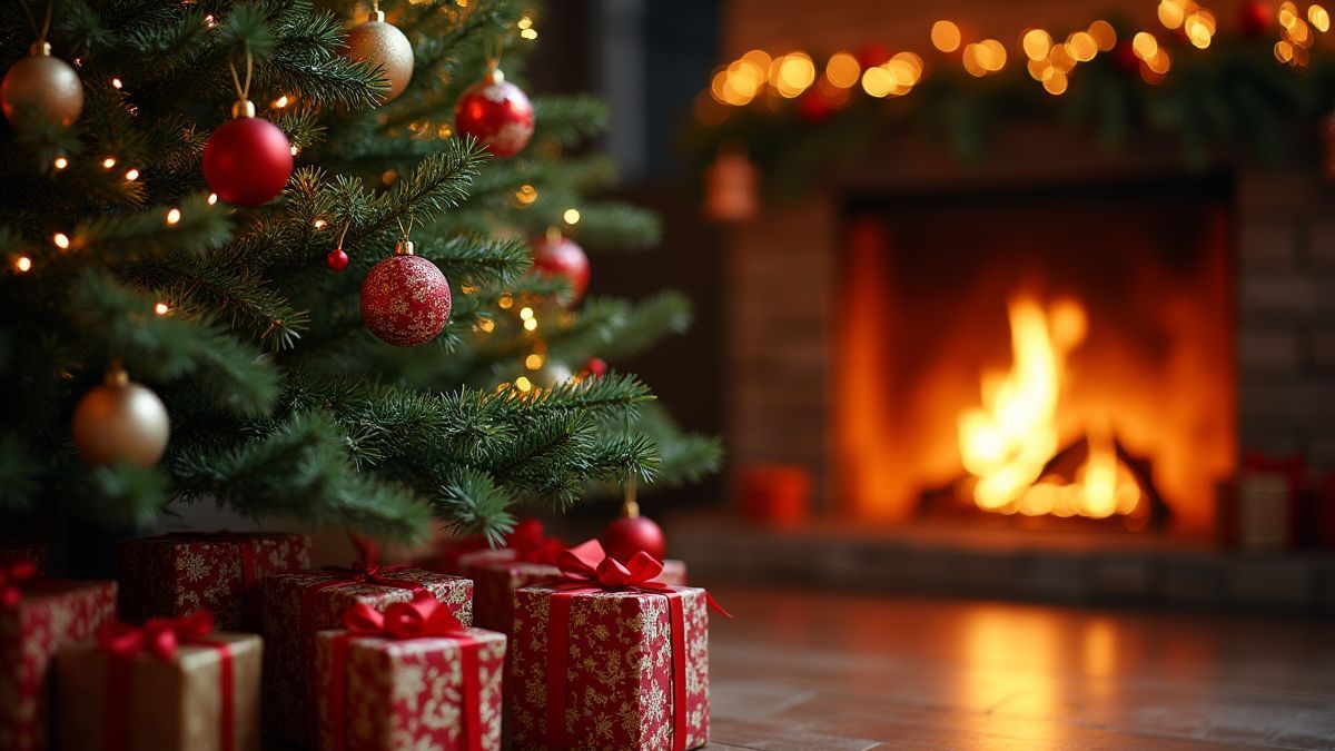 Ein Weihnachtsbaum dekoriert mit Ornamenten und Geschenken unter einem warmen Kamin.