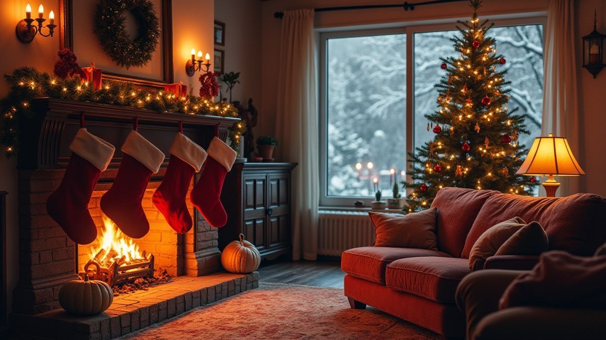 Ein gemütliches Wohnzimmer mit Strümpfen am Kamin und Schnee, der draußen fällt.