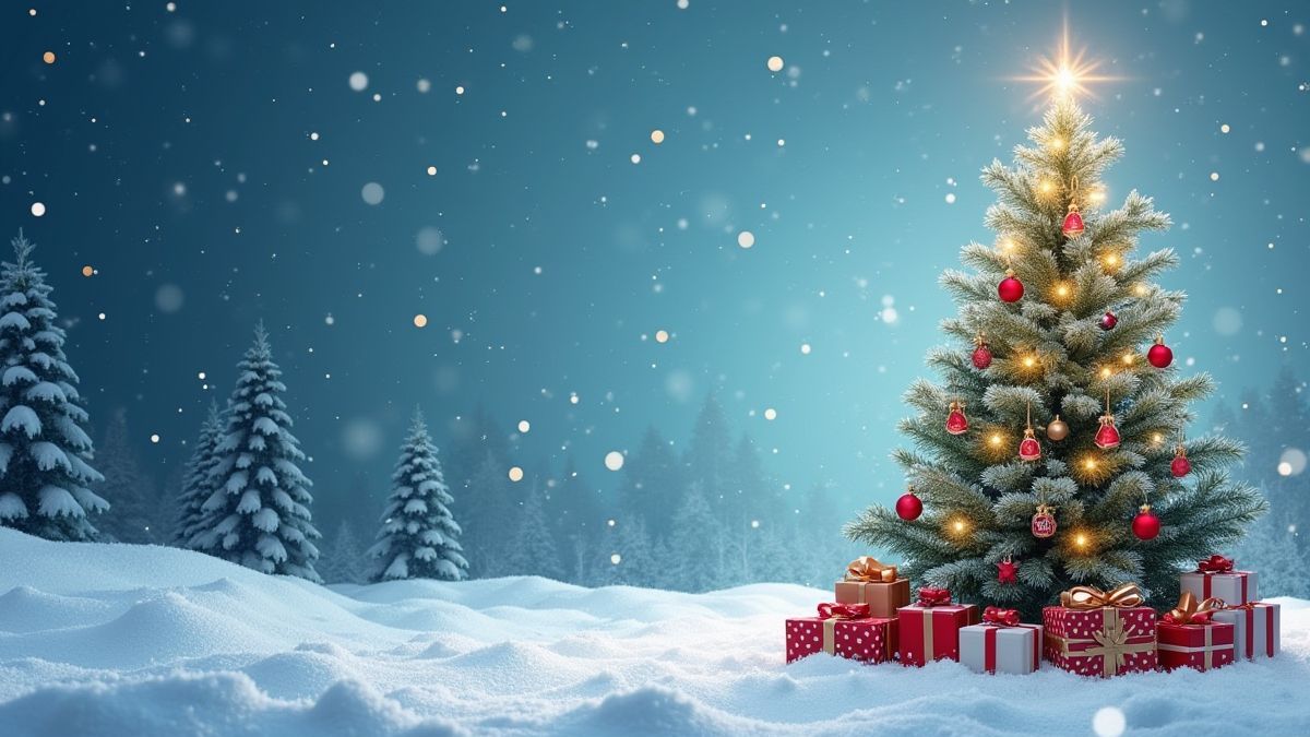Verschneite Landschaft mit einem geschmückten Weihnachtsbaum und Geschenken darum herum.