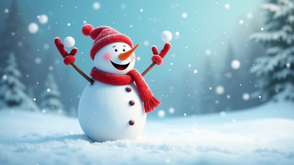 Fröhlicher Schneemann, der Schneebälle in einer verschneiten Weihnachtslandschaft wirft.