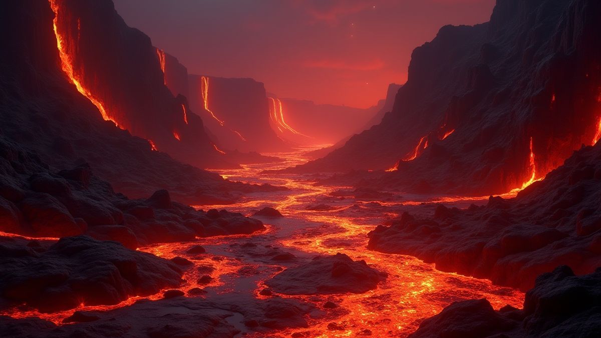 Een landschap van de onderwereld met rode lava en donkere rotsen.