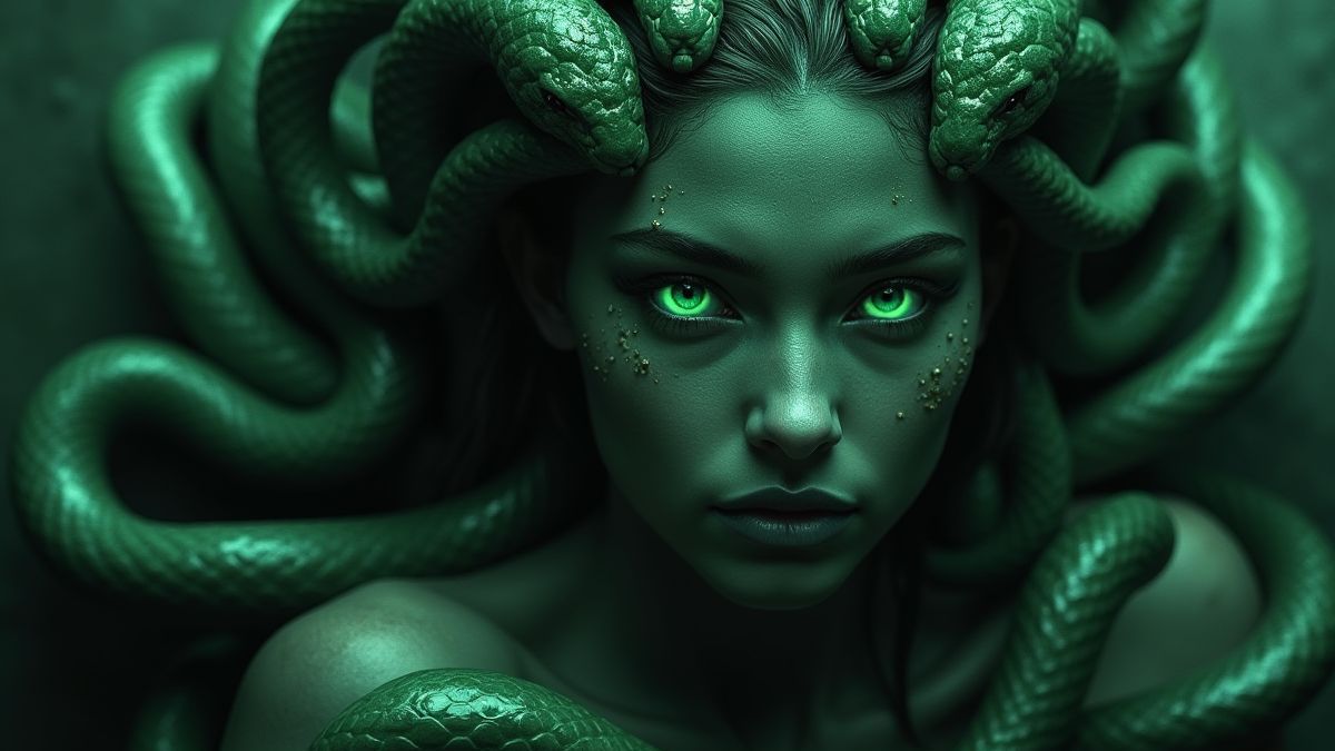 Mystieke Medusa met glanzende groene ogen en slangen.