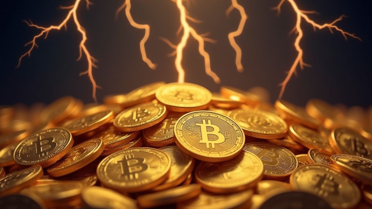 Moedas douradas e raios representando volatilidade e prêmios