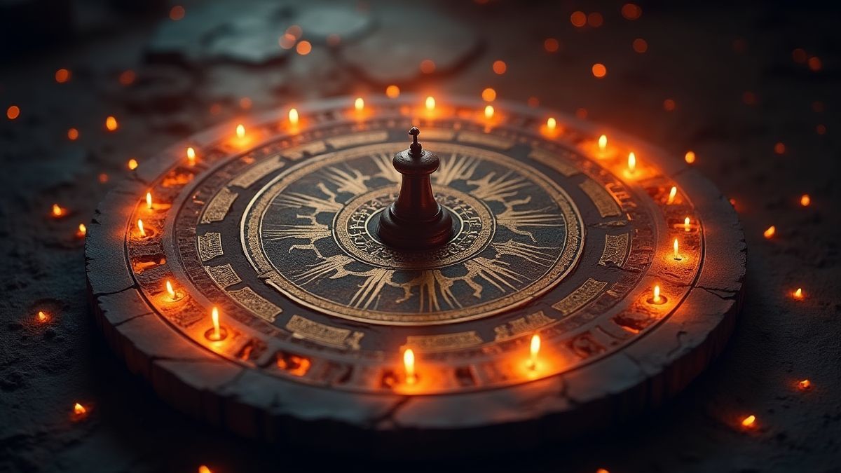 Un reloj de sol antiguo rodeado de luces brillantes y un aura mística.
