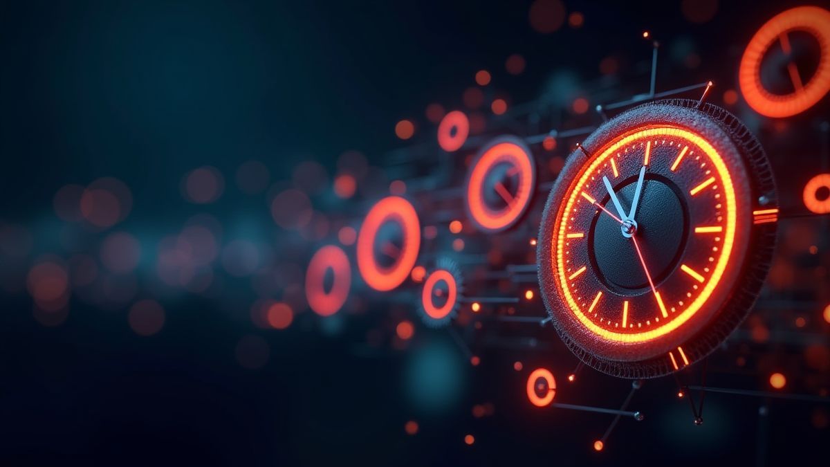 Un fondo futurista con engranajes y relojes brillantes relacionados con el tiempo.