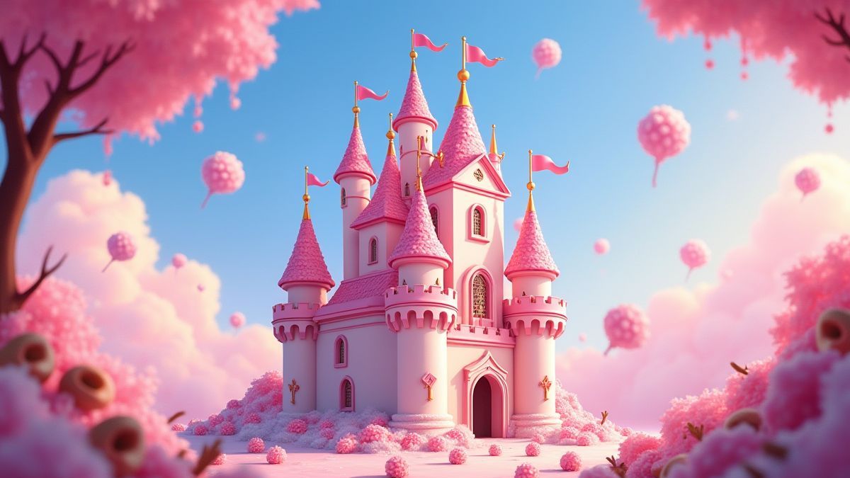 Un château magique entouré de sucreries et de gâteaux.