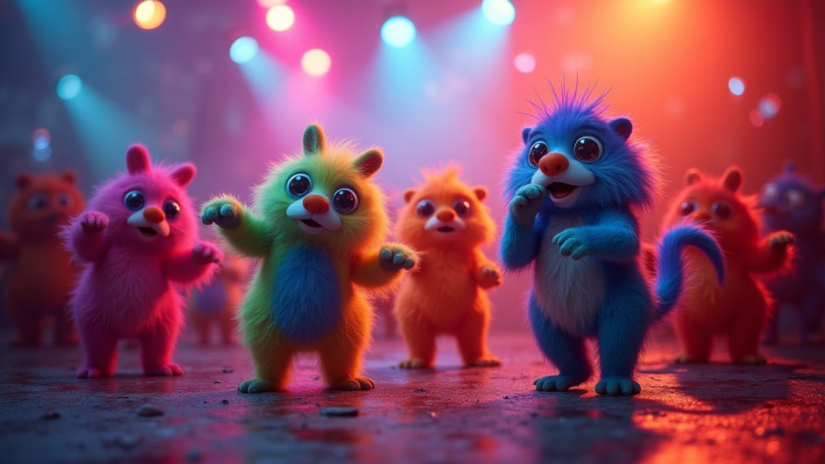 Harige wezens die dansen onder levendige disco lichten.