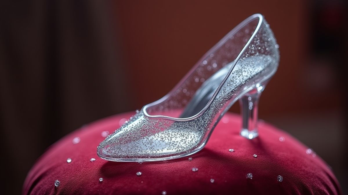 A glass slipper on a velvet cushion.