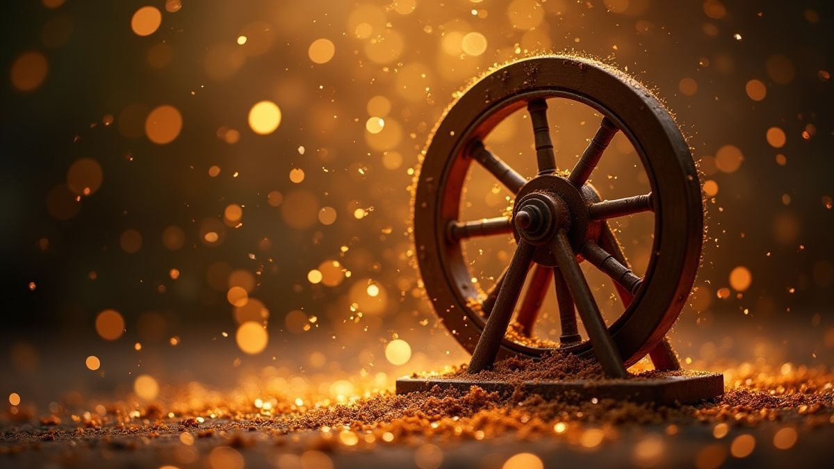 A spinning wheel surrounded by golden sparkles and fairy dust.