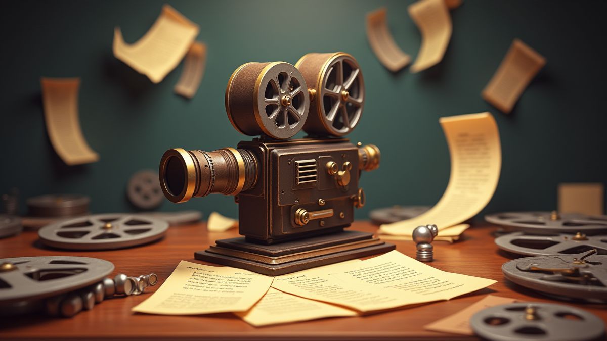 Caméra de cinéma vintage entourée de scénarios et de bobines.