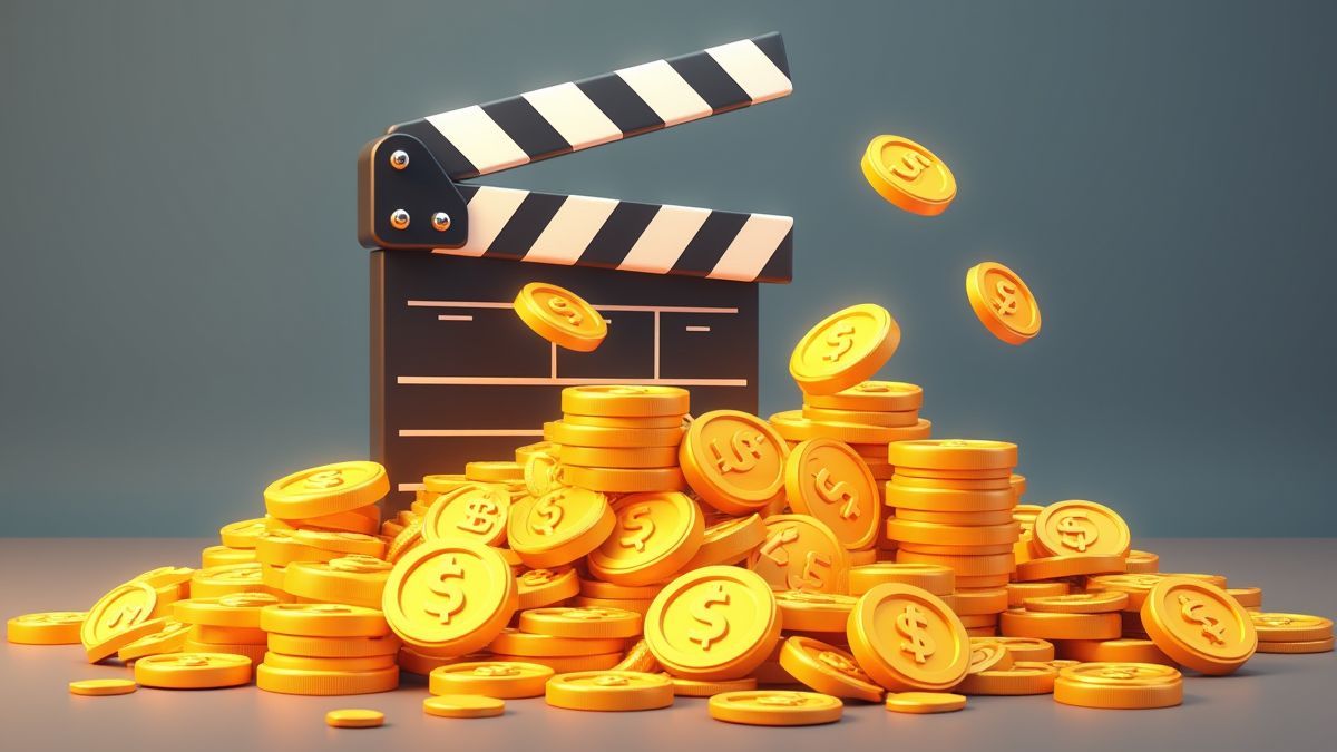 Montant de pièces dorées aux côtés d'une claquette de cinéma.