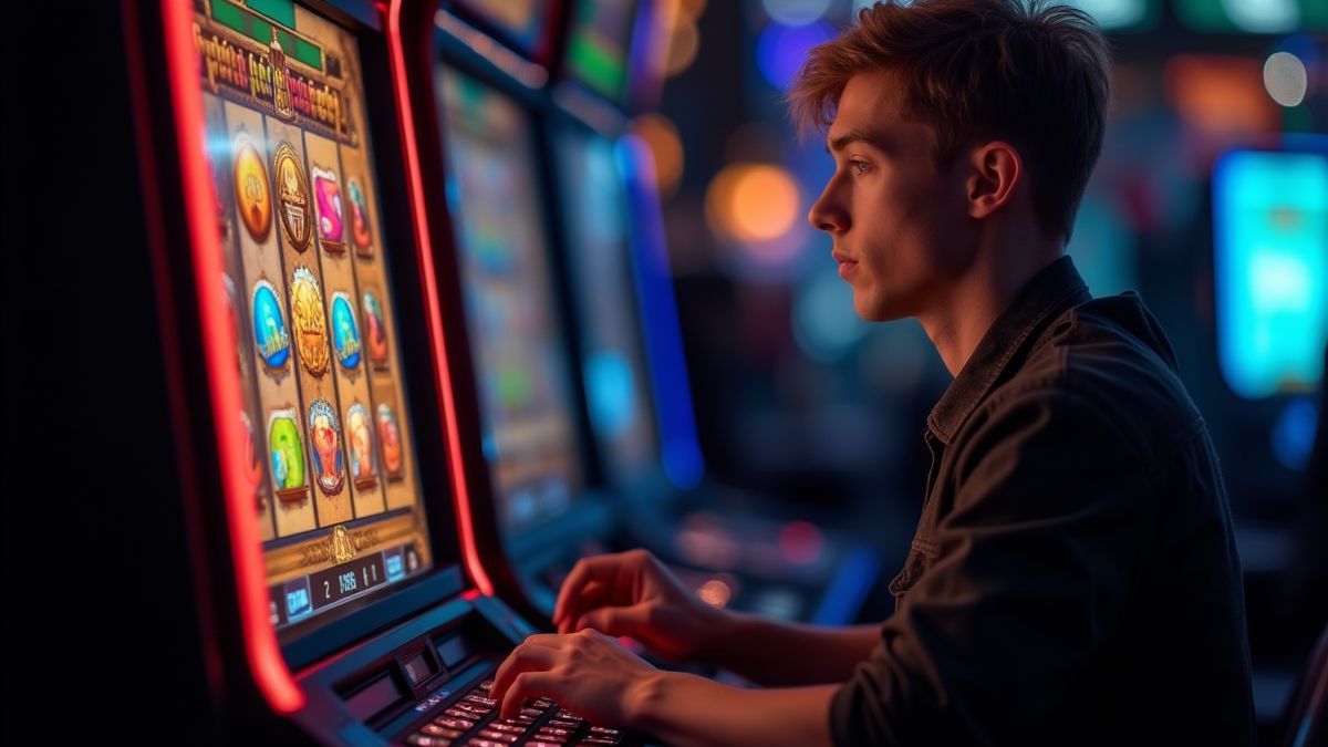 Joueur planifiant des stratégies sur une machine à sous avec un thème cinématographique.