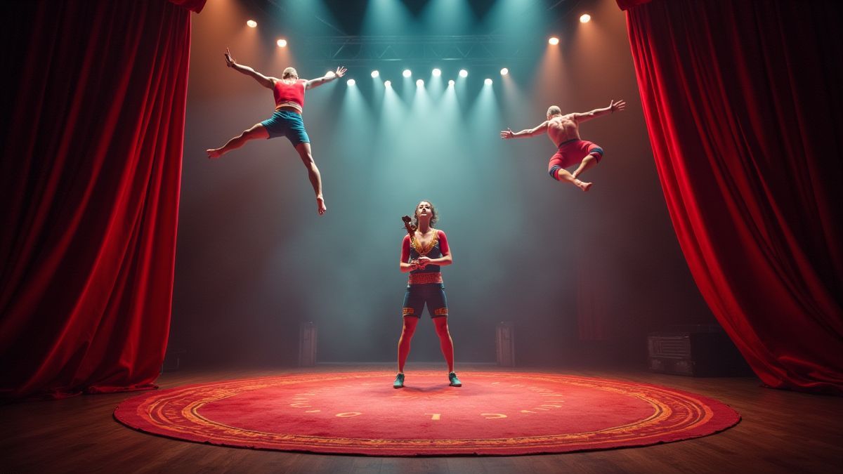 Palco de circo com malabaristas e acrobatas realizando espetáculos.