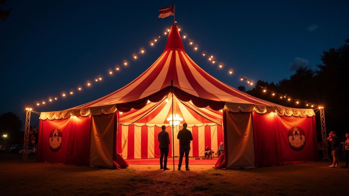 Circus tent illuminated with performers preparing.