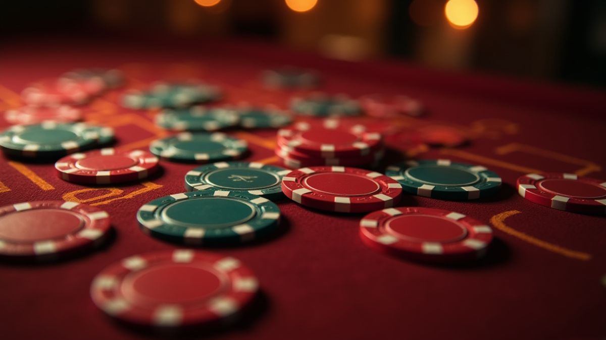 Casino chips and coins on a circus-themed table.
