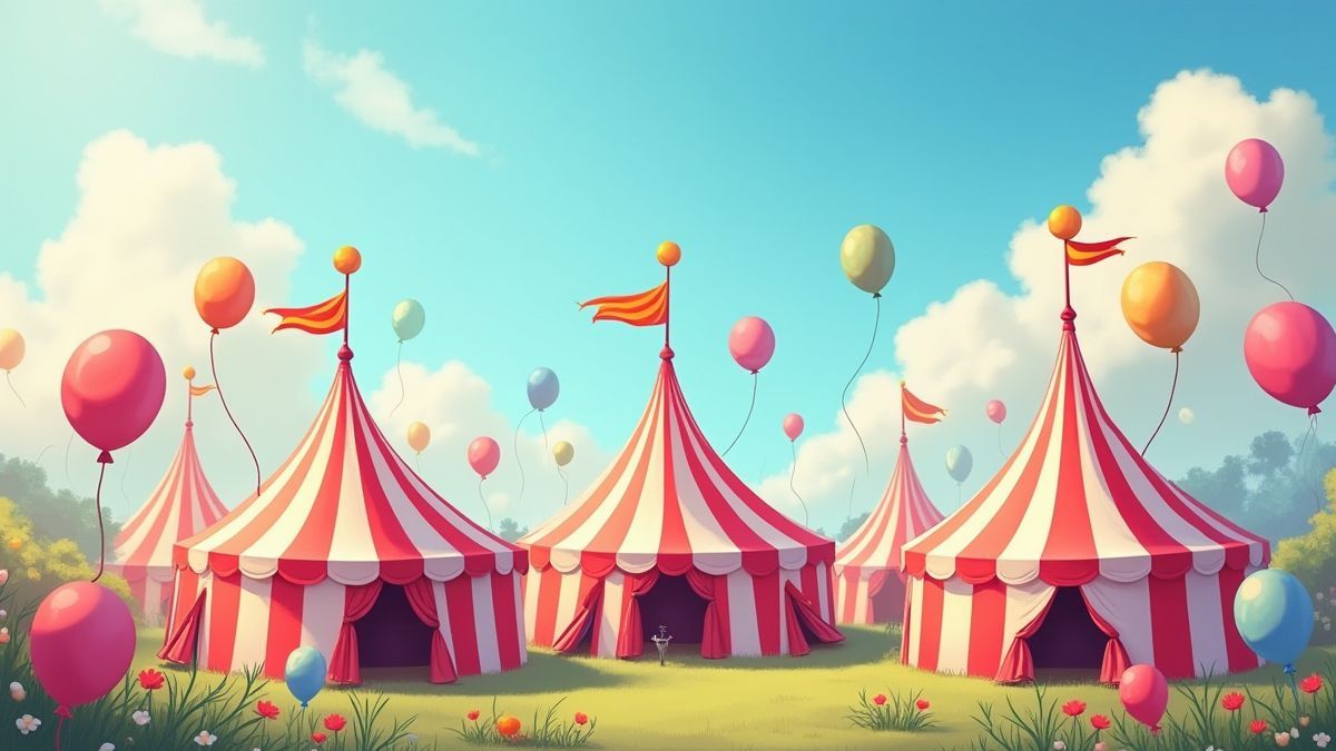 Zelt des Zirkus mit Ballons und einem sonnigen Himmel.