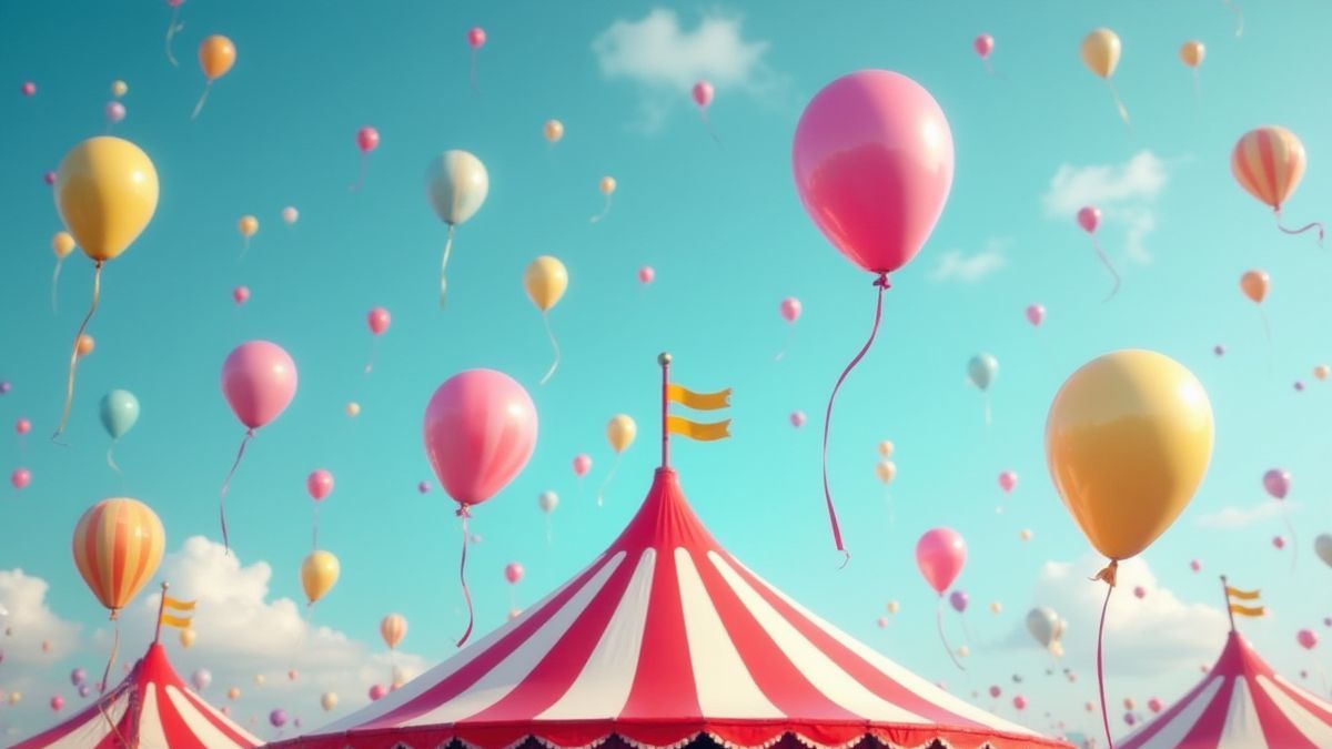 Bunte Ballons, die über einem Zirkuszelt schweben.