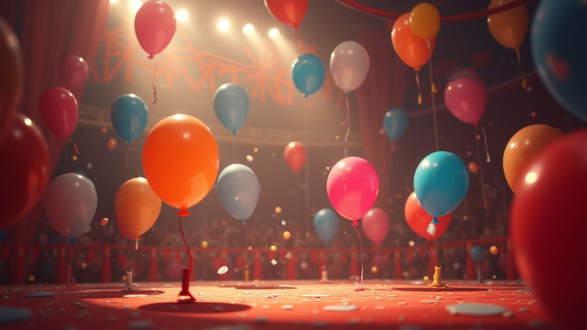 Ballons étant éclatés avec des fléchettes dans un environnement de cirque.