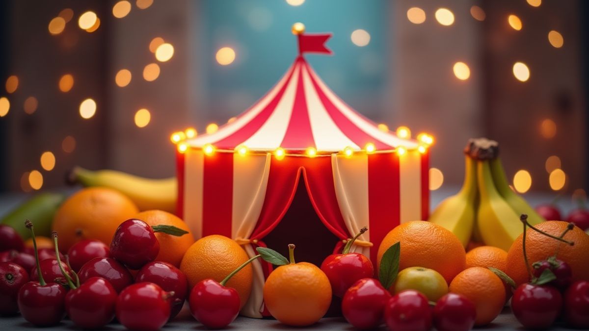Una carpa de circo rodeada de frutas coloridas y luces brillantes.