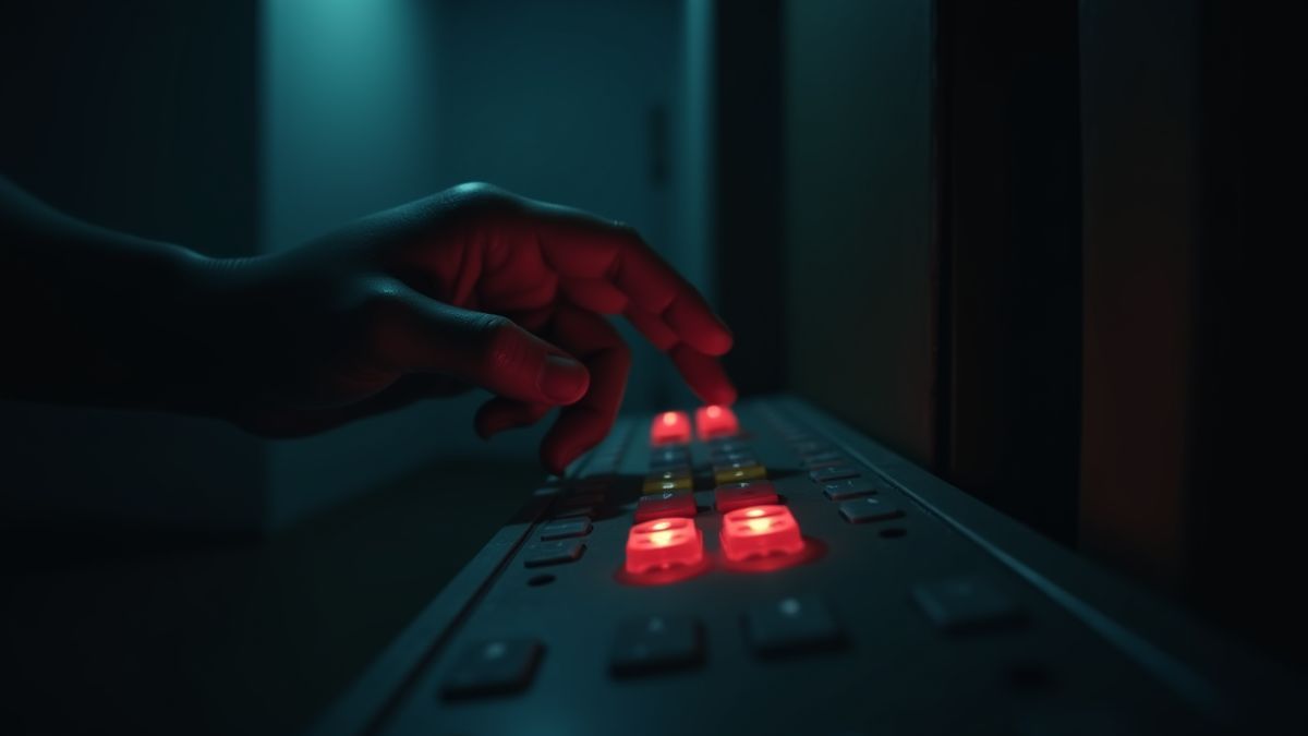 Una mano acercándose a botones brillantes en una habitación oscura.