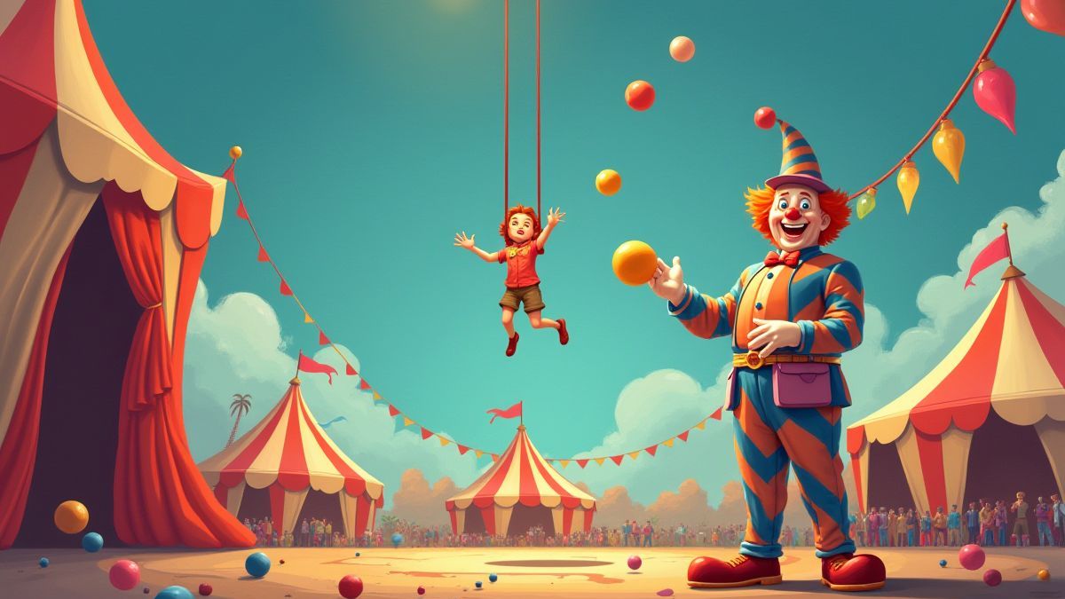 Payaso malabarista y trapecista en el aire.