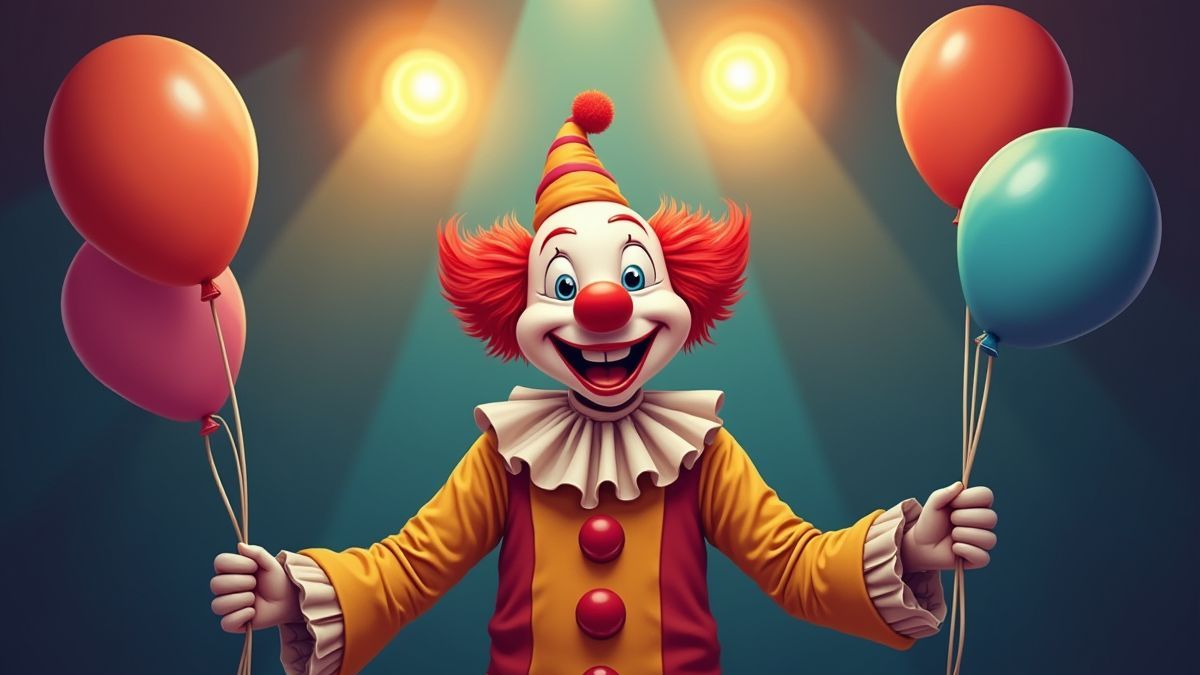 Payaso con globos bajo luces de circo.