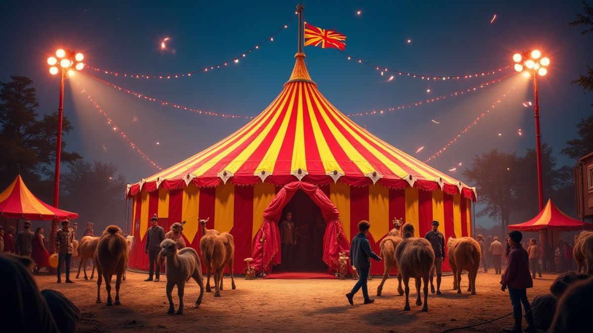 Een circus tent vol kleur en leven.