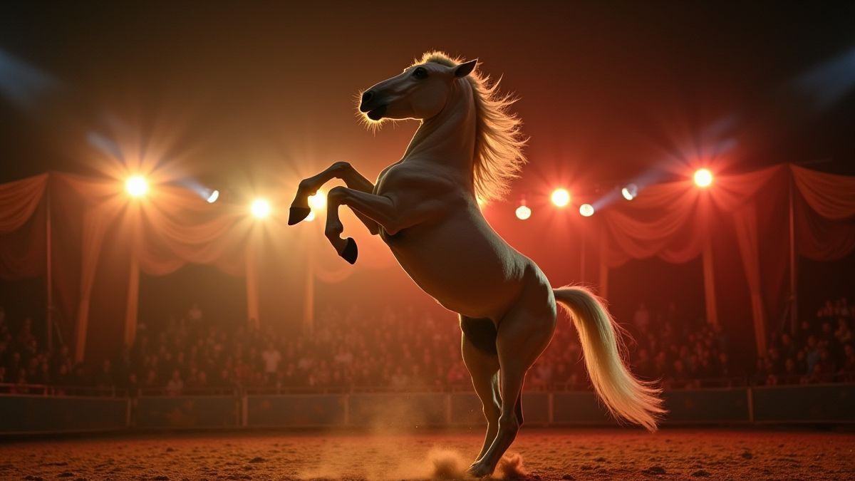 Pferd, das in einem beleuchteten Zirkus Akrobatik macht.