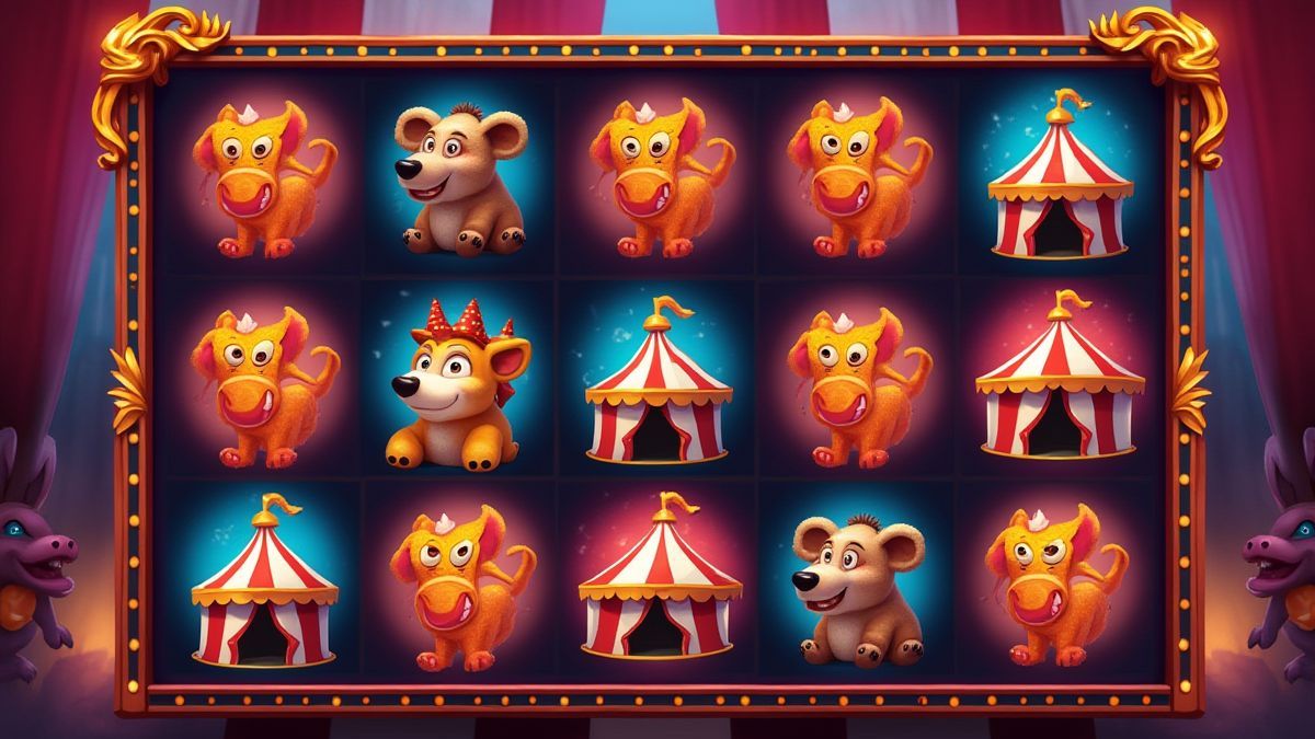 Símbolos de circo coloridos en una pantalla de slot.