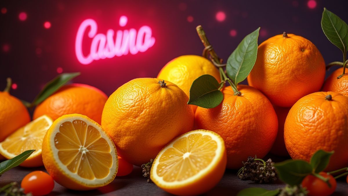 Zitrusfrüchte mit retro Casino-Neonlichtern.