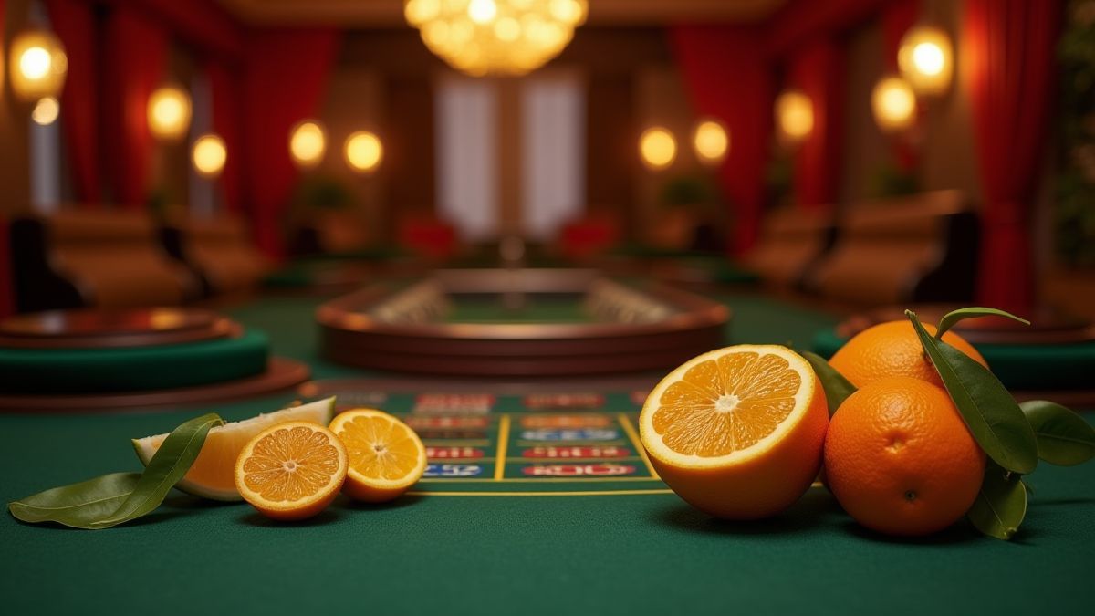 Retro-Casino-Raum mit Zitrusfrüchten auf dem Tisch.