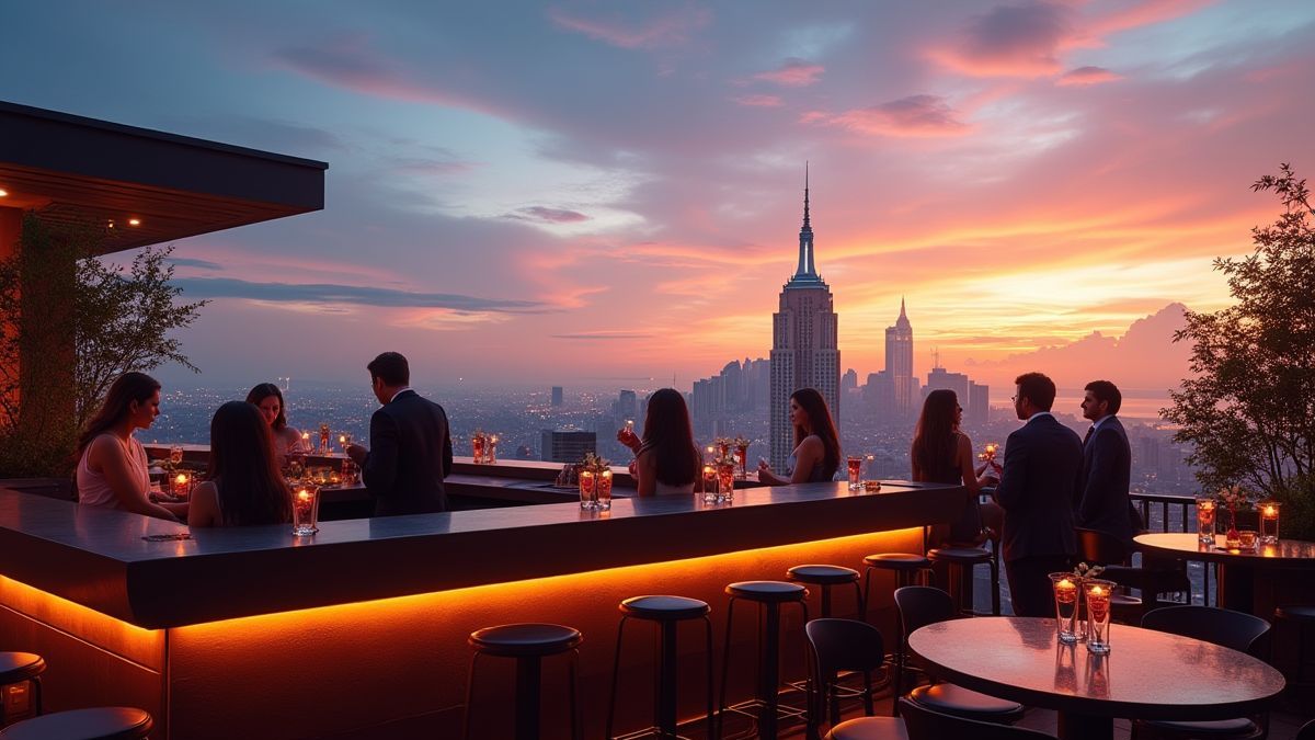 Eine Dachbar mit Cocktails und einem atemberaubenden Blick auf die Skyline der Stadt.
