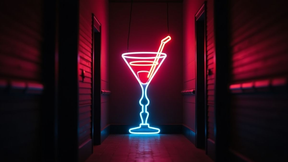 Un cartel de néon que montre une coupe de cocktail.
