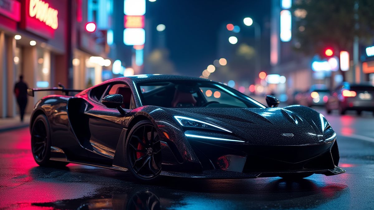Un voiture sportive sous des lumières néon dans la ville.