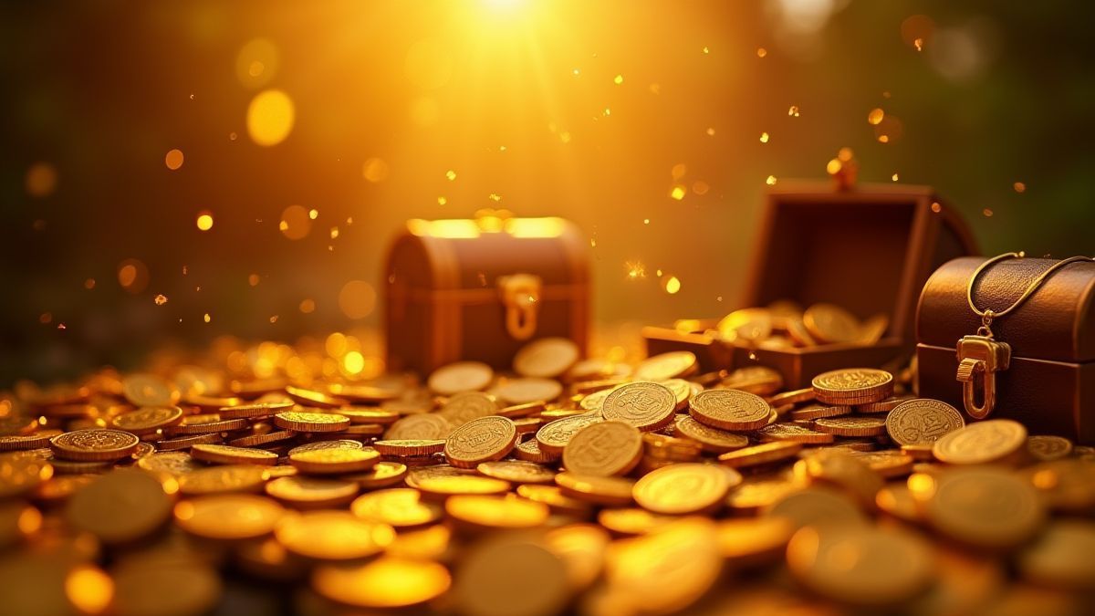 Monedas doradas y cofres del tesoro brillando bajo una luz cálida.