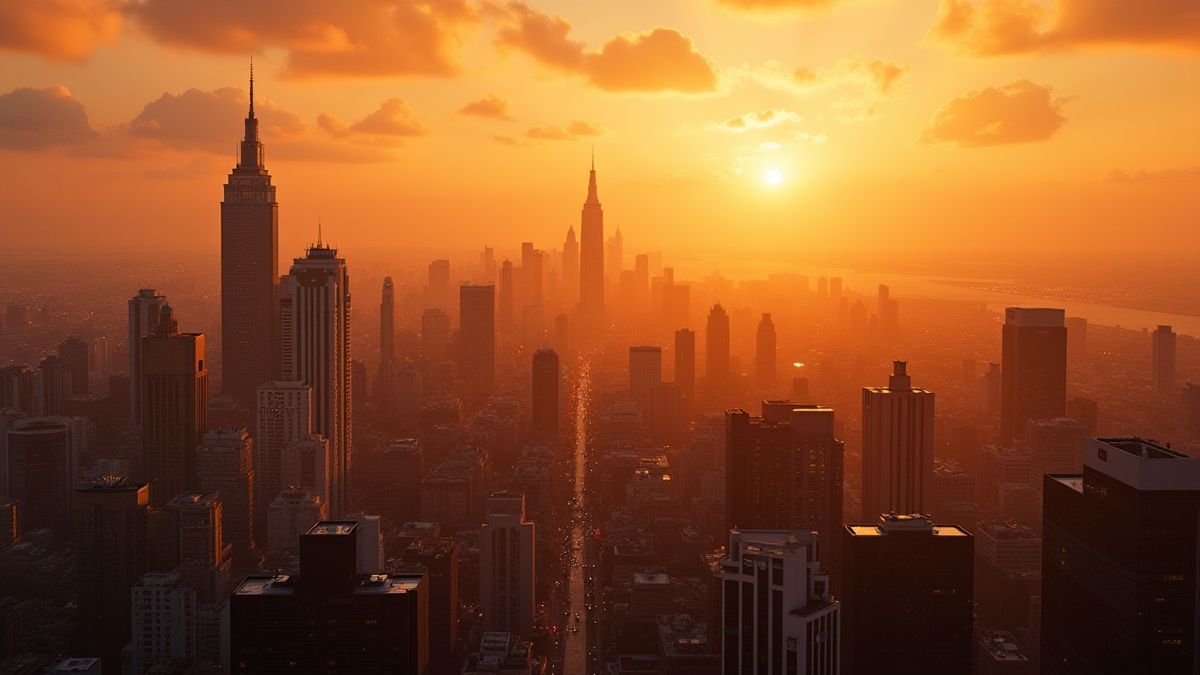 Una ciudad dorada con edificios resplandecientes bajo un cielo al atardecer.
