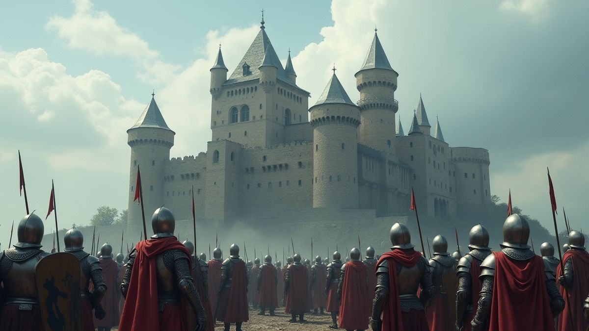 Château médiéval avec des chevaliers se préparant pour la bataille.