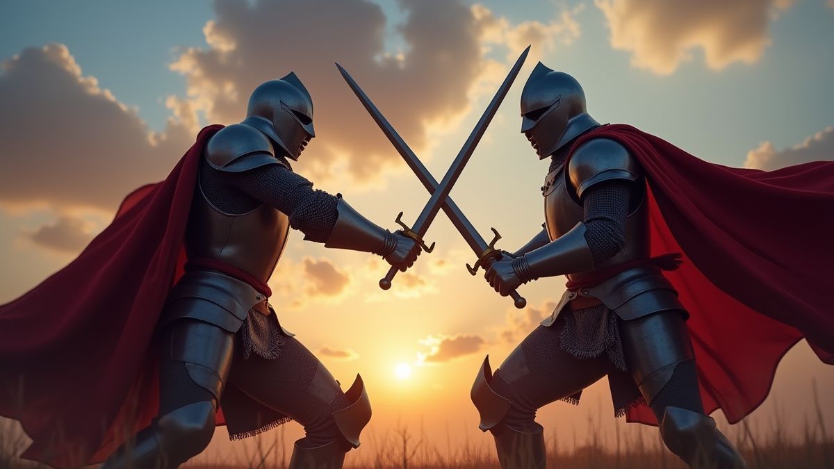 Chevaliers s'affrontant dans un duel sous le ciel crépusculaire.