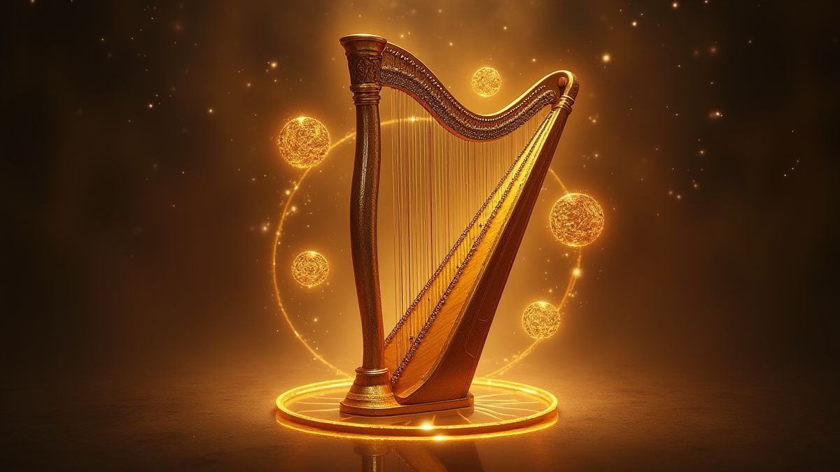 Arpa dorada rodeada de śmbolos celestiales en un entorno ḿstico.