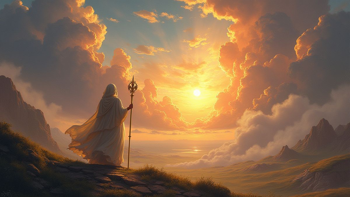 Paisaje ḿtico con cielos luminosos y figura divina con un bast́n dorado.
