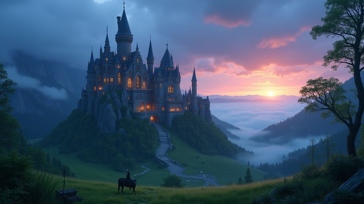 Un castillo mágico rodeado de prados verdes bajo un cielo crepuscular.