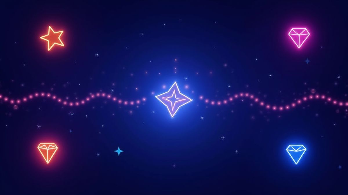 Estrellas y diamantes de neón brillando con fondo azul oscuro.