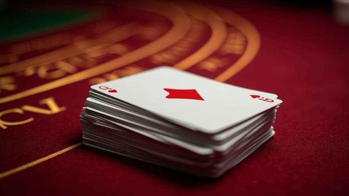 Mazo de cartas sobre uma mesa de casino elegante.