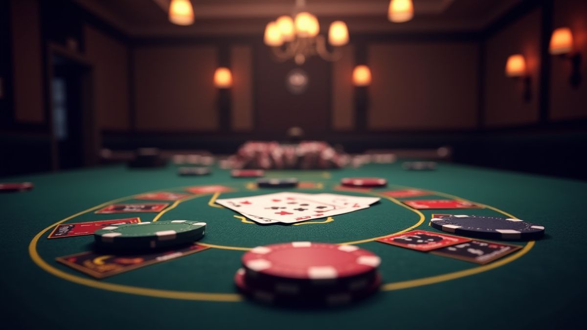 Mesa de cassino iluminada com fichas e cartas.