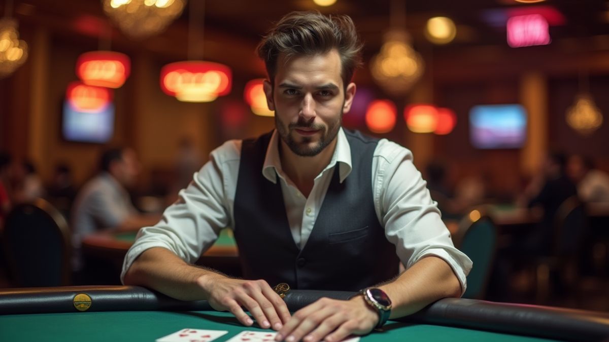 Jogador confiante pensando em sua estratégia em uma mesa de cassino.