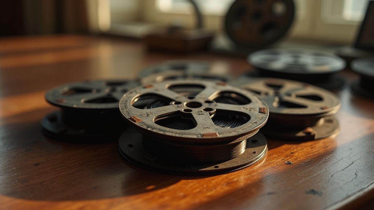 Carretes de película vintage em uma mesa de madeira iluminada suavemente.