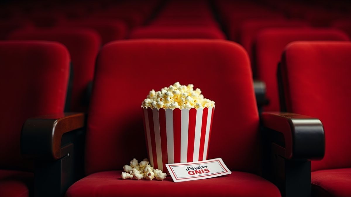 Caixa de pipoca e ingressos de cinema em um assento de teatro clássico.